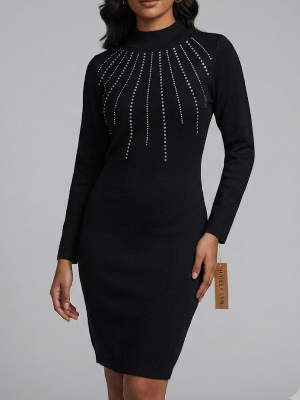 NWT Hailey Lyn Black Embellished Rhinestone Sweater Dress Long Sleeve Size PL.